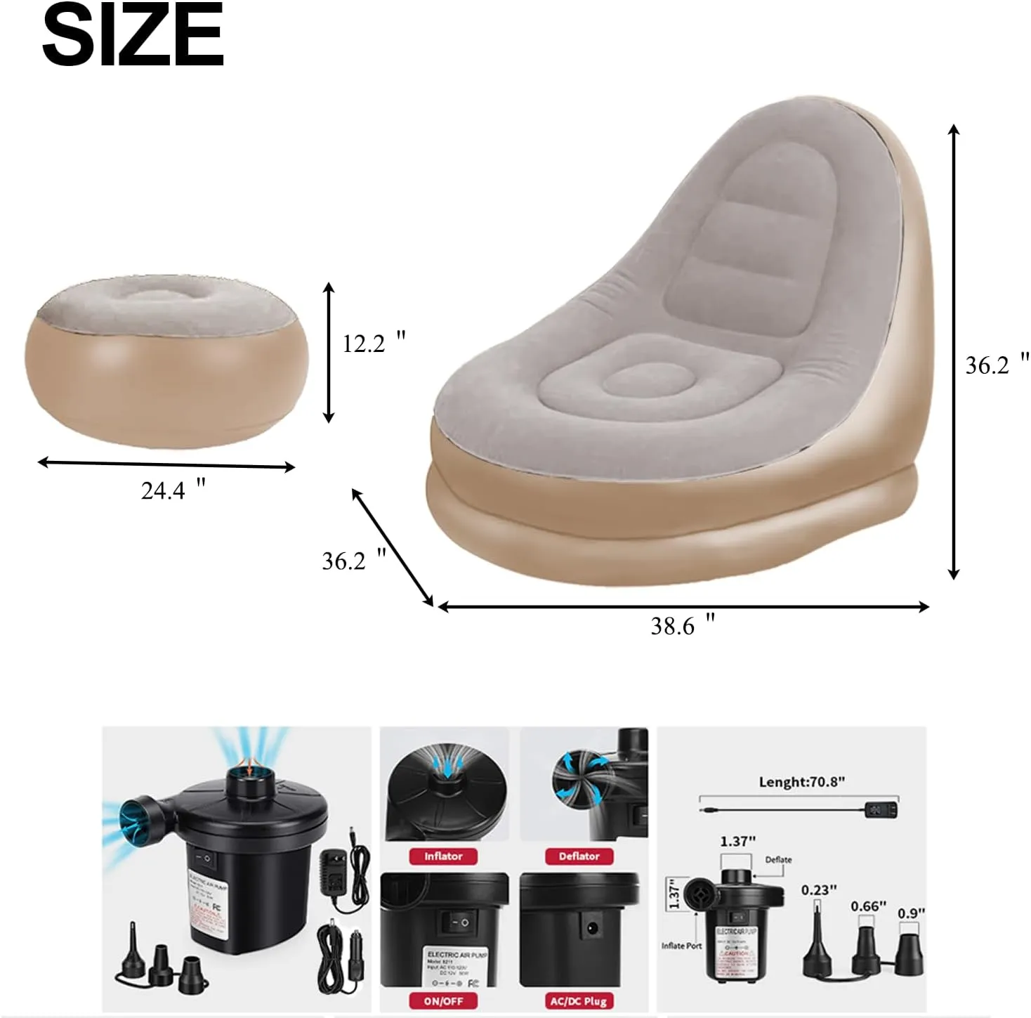 Inflatable Deck Chairs with Air Pump, Inflatable Patio Lounge Chairs for Indoor Living Room Bedroom, Outdoor Travel Camping Picnic Beach Chaise Lounges (Gray)