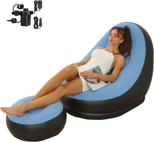 Inflatable Deck Chairs with Air Pump, Inflatable Patio Lounge Chairs for Indoor Living Room Bedroom, Outdoor Travel Camping Picnic Beach Chaise Lounges (Light Blue)