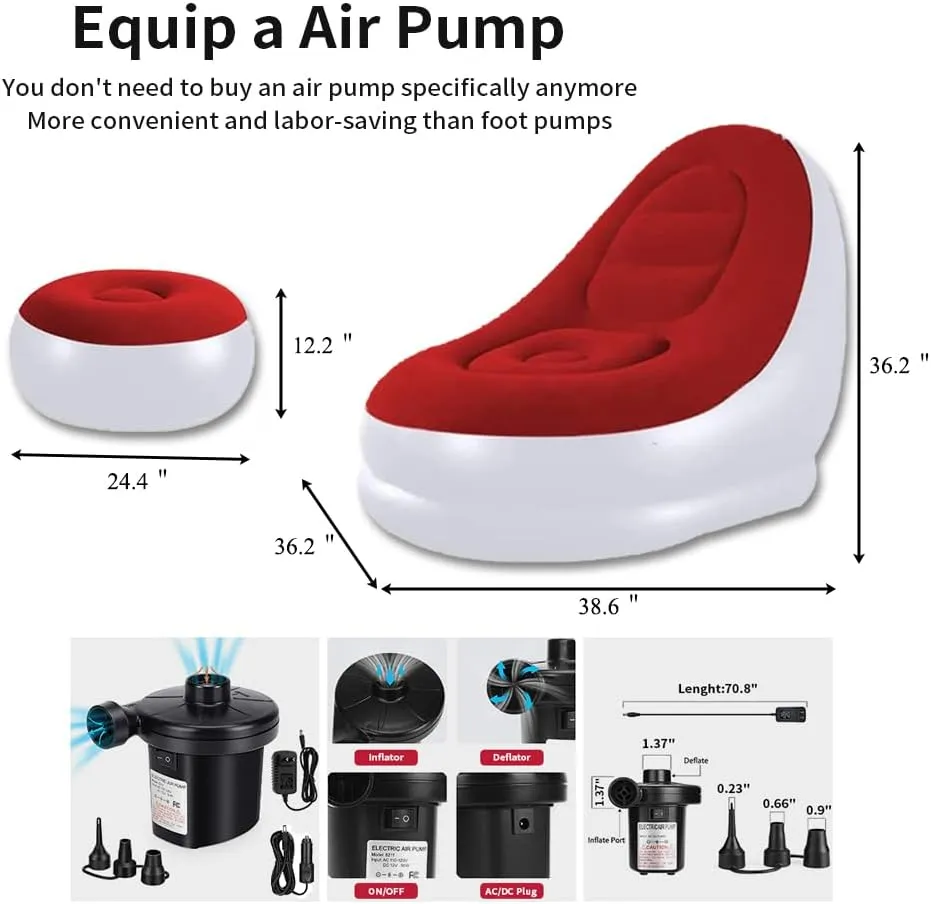 Inflatable Deck Chairs with Air Pump, Inflatable Patio Lounge Chairs for Indoor Living Room Bedroom, Outdoor Travel Camping Picnic Beach Chaise Lounges (Red)