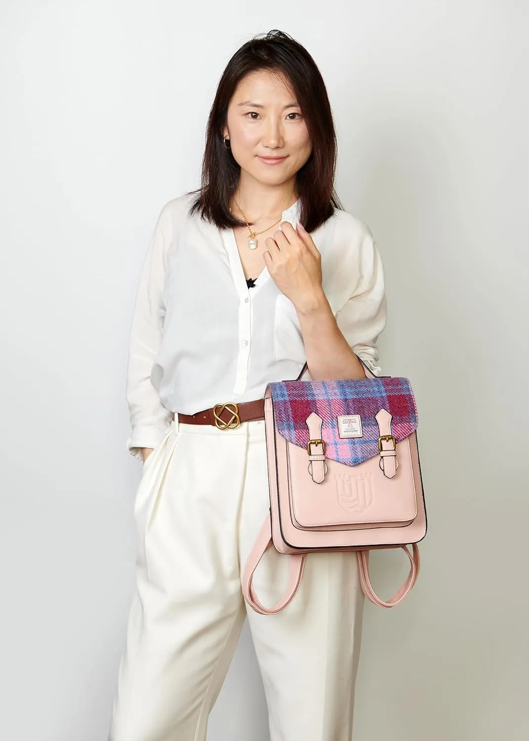 Islander HarrisTweed The Calton Backpack, Pink Blue Tartan