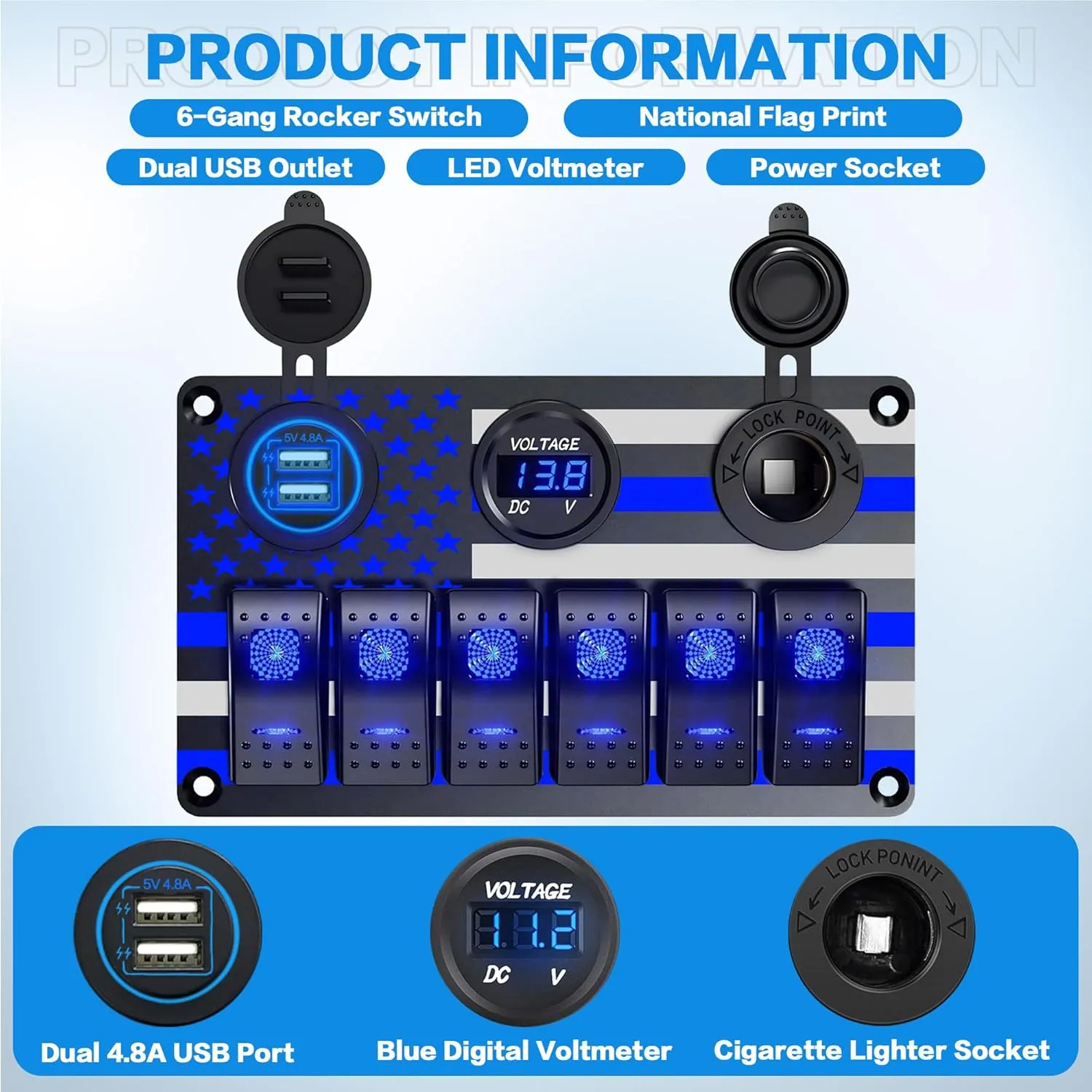 IZTOSS 6 Gang Multi Function Rocker Switch Blue Backlit Dual USB Charger   Digital Voltmeter   12V Outlet Pre-Wired Waterproof Switch Panel for RVs Cars Boats Trucks Trailers.