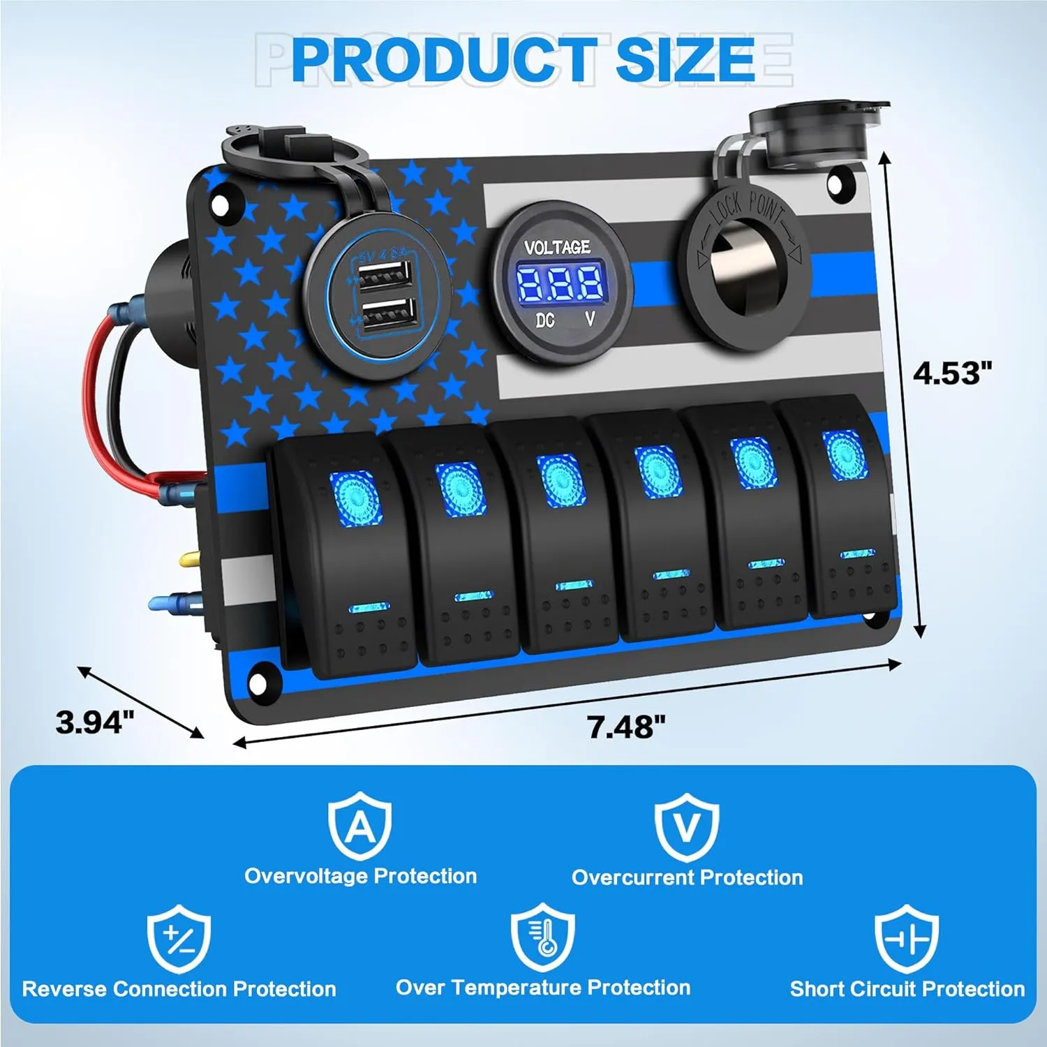 IZTOSS 6 Gang Multi Function Rocker Switch Blue Backlit Dual USB Charger   Digital Voltmeter   12V Outlet Pre-Wired Waterproof Switch Panel for RVs Cars Boats Trucks Trailers.