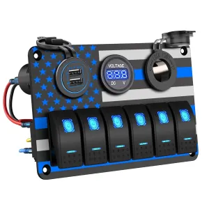 IZTOSS 6 Gang Multi Function Rocker Switch Blue Backlit Dual USB Charger   Digital Voltmeter   12V Outlet Pre-Wired Waterproof Switch Panel for RVs Cars Boats Trucks Trailers.