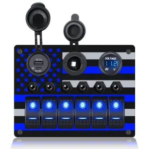 IZTOSS 6 Gang Multi Function Rocker Switch Blue Backlit QC 3.0 & PD 18 W Charger  Digital Voltmeter  12V Outlet  Overload Protector Pre-Wired Waterproof Switch Panel for RVs Cars Boats Trucks Trailers