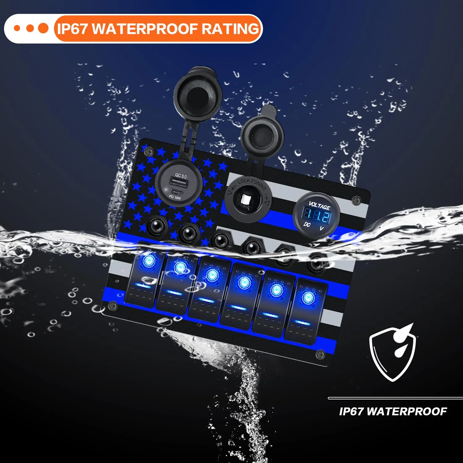 IZTOSS 6 Gang Multi Function Rocker Switch Blue Backlit QC 3.0 & PD 18 W Charger  Digital Voltmeter  12V Outlet  Overload Protector Pre-Wired Waterproof Switch Panel for RVs Cars Boats Trucks Trailers