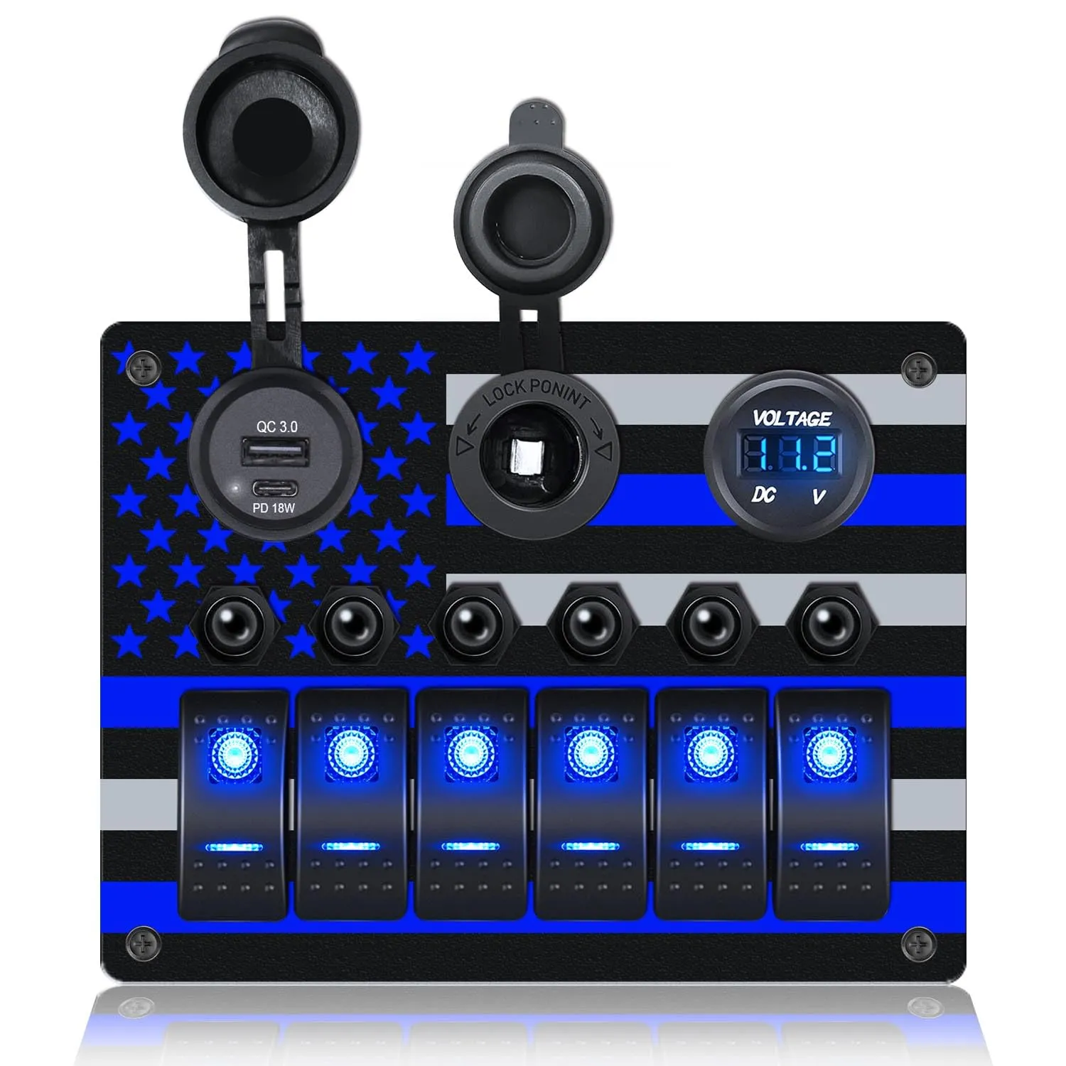 IZTOSS 6 Gang Multi Function Rocker Switch Blue Backlit QC 3.0 & PD 18 W Charger  Digital Voltmeter  12V Outlet  Overload Protector Pre-Wired Waterproof Switch Panel for RVs Cars Boats Trucks Trailers