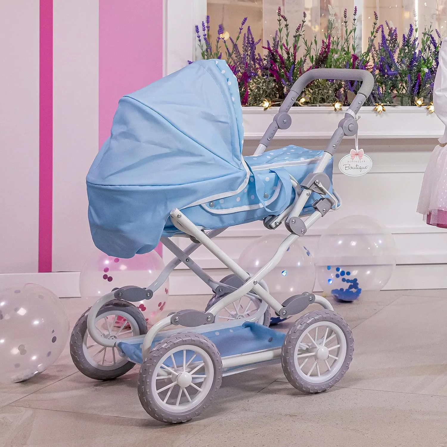JC Toys | Berenguer Boutique | Deluxe Foldable Baby Doll Stroller with Canopy | Removable Carry Basket | Blue | Ages 3 