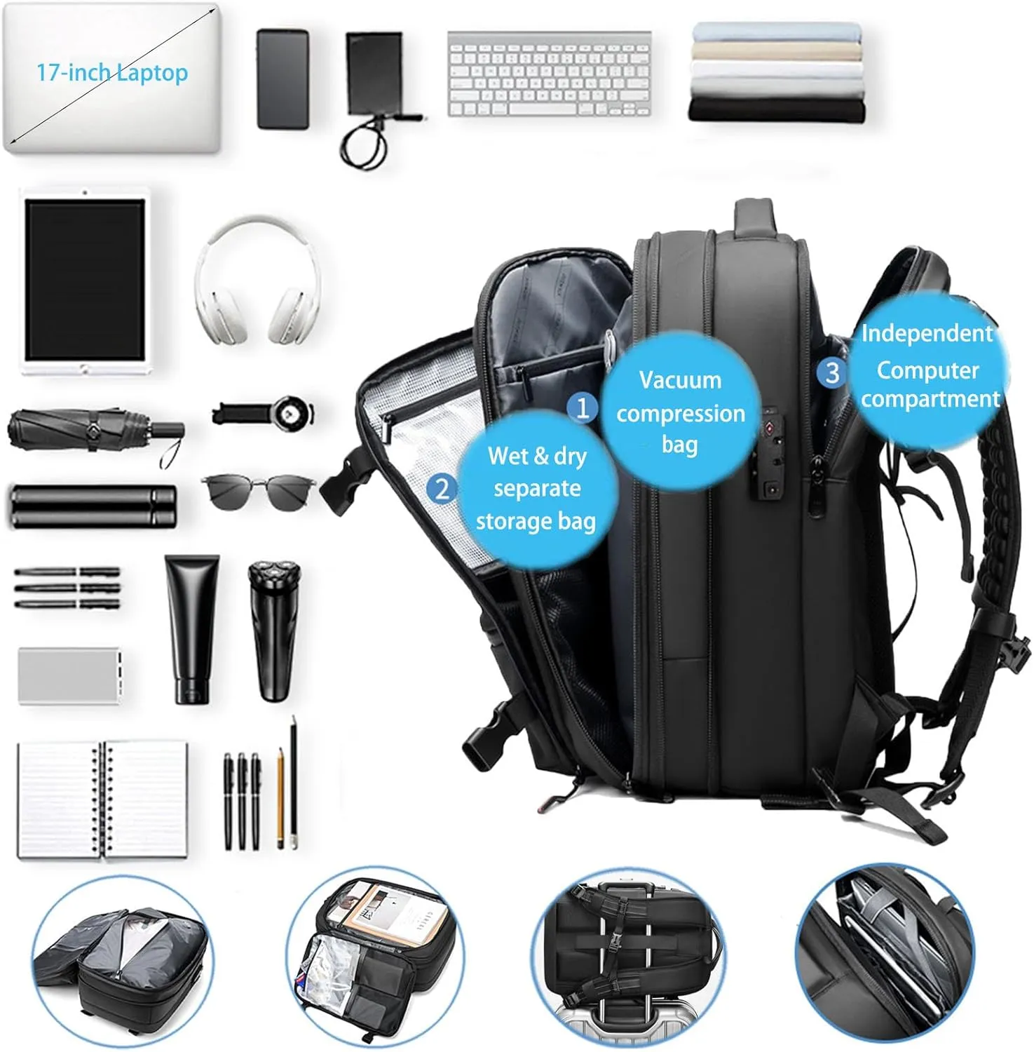 Jfxgjuv Ezy Vac Backpack, Vacpack Backpack, 60L Expandable Vacuum Compression Bag with Air Pump, Waterproof, TSA Lock (Black (With Pump))