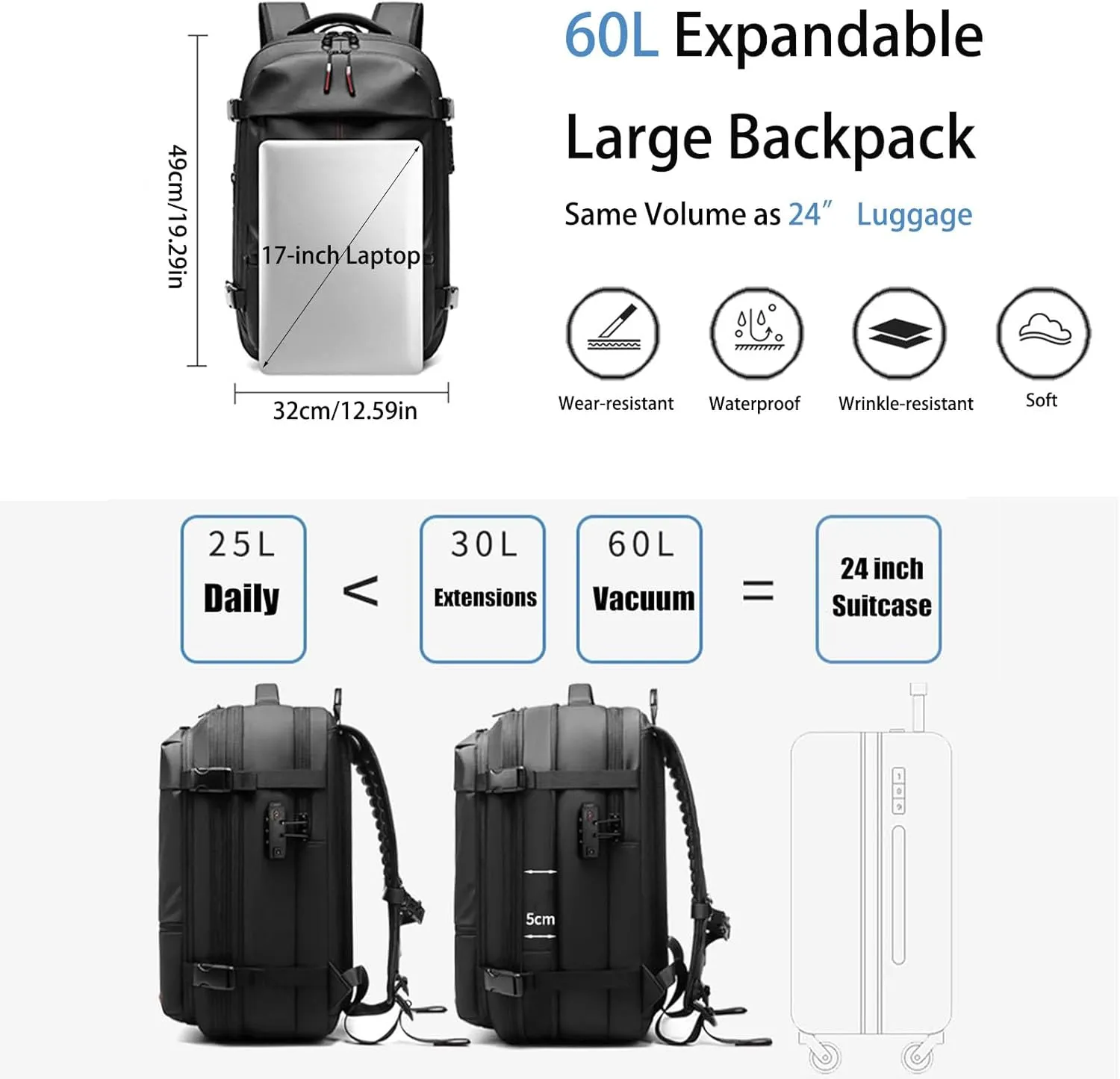Jfxgjuv Ezy Vac Backpack, Vacpack Backpack, 60L Expandable Vacuum Compression Bag with Air Pump, Waterproof, TSA Lock (Gray)