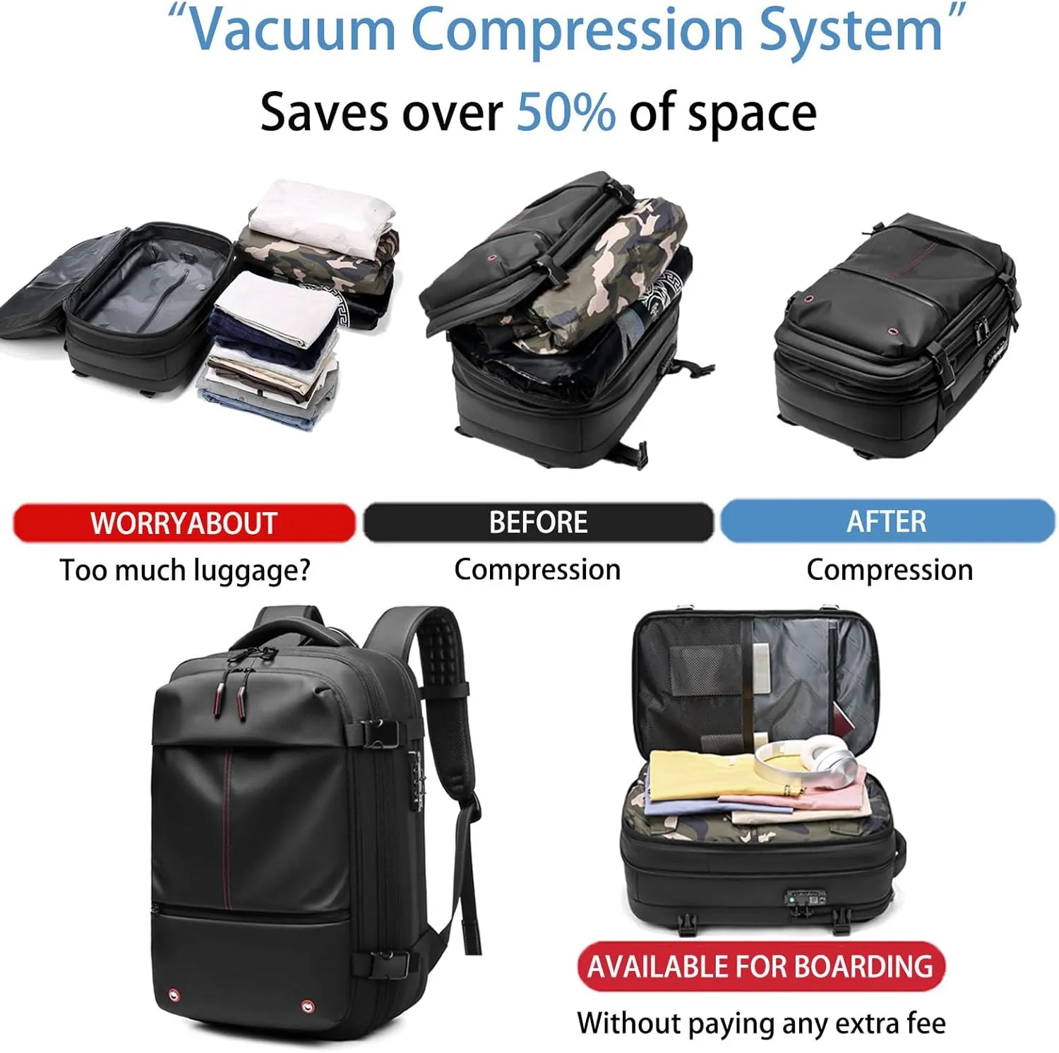 Jfxgjuv Ezy Vac Backpack, Vacpack Backpack, 60L Expandable Vacuum Compression Bag with Air Pump, Waterproof, TSA Lock (Gray)