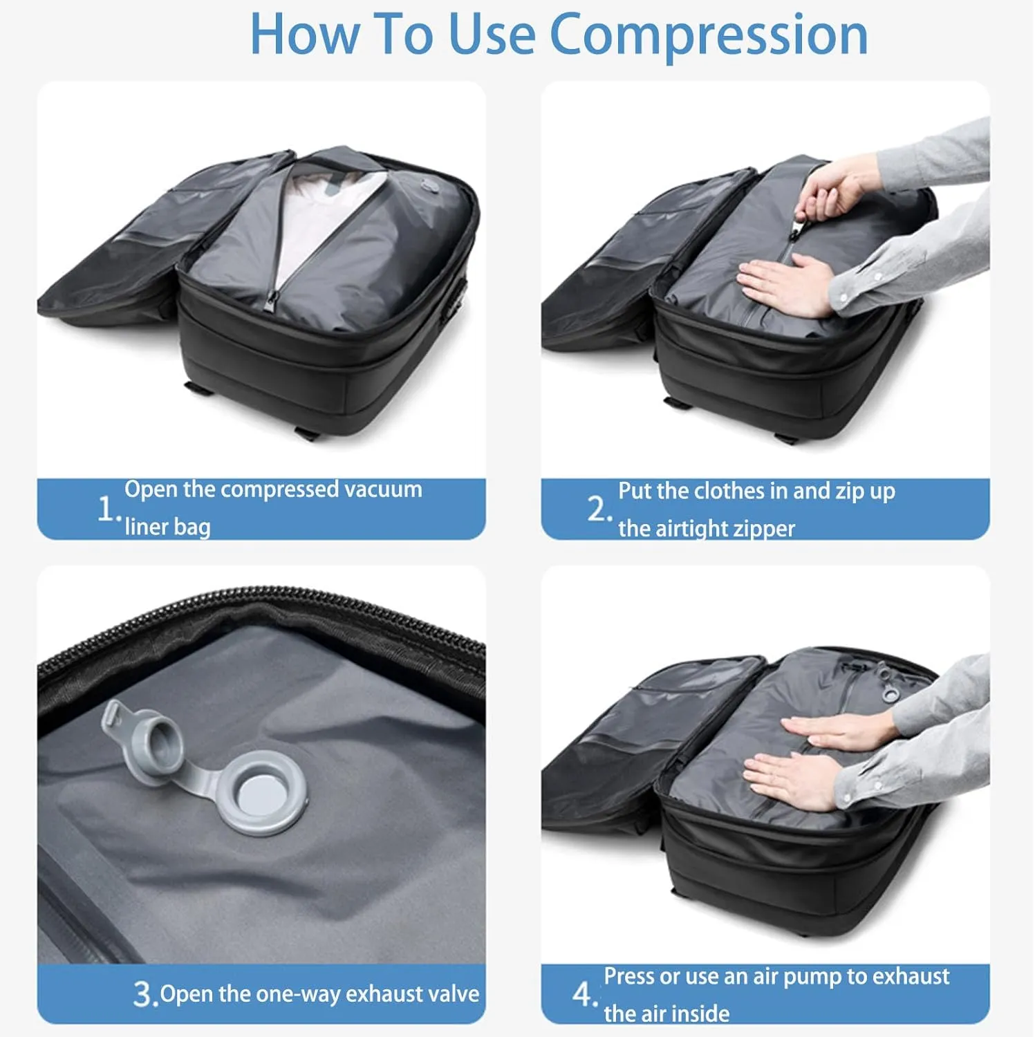 Jfxgjuv Ezy Vac Backpack, Vacpack Backpack, 60L Expandable Vacuum Compression Bag with Air Pump, Waterproof, TSA Lock (Gray)