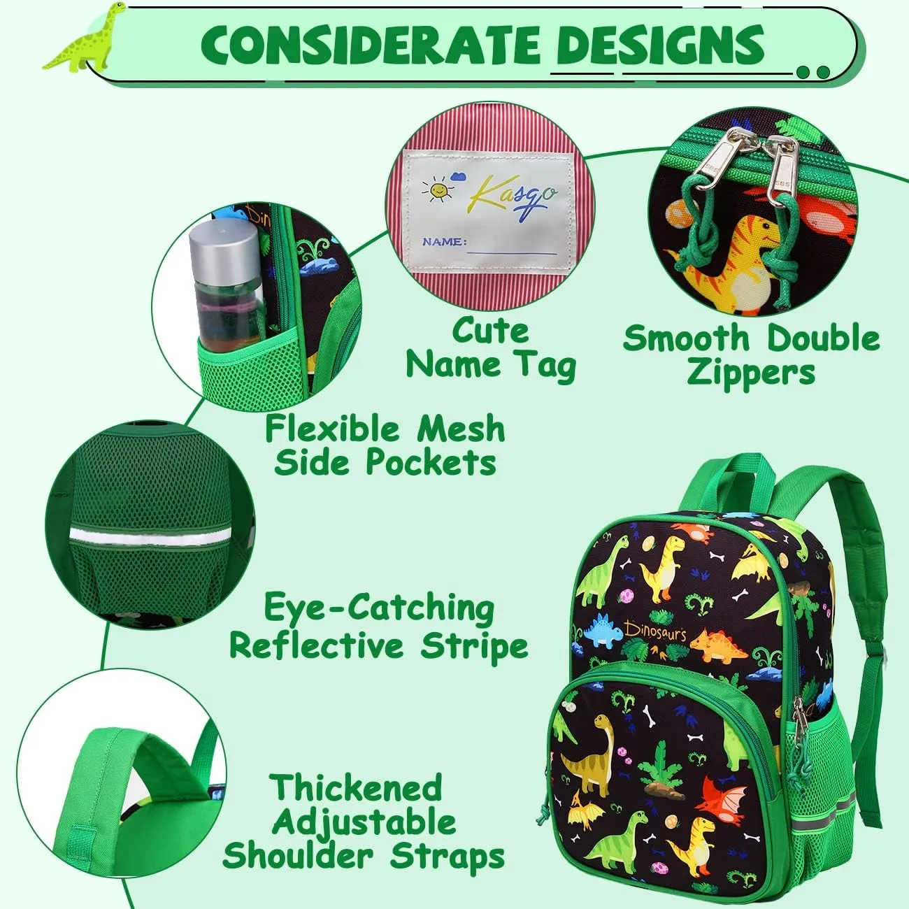 Kasqo Toddler Backpack, Water Resistant Preschool Kids Bookbag Kindergarten Daycare Schoolbag for Boys and Girls 3-6 Years,Black Dinosaur