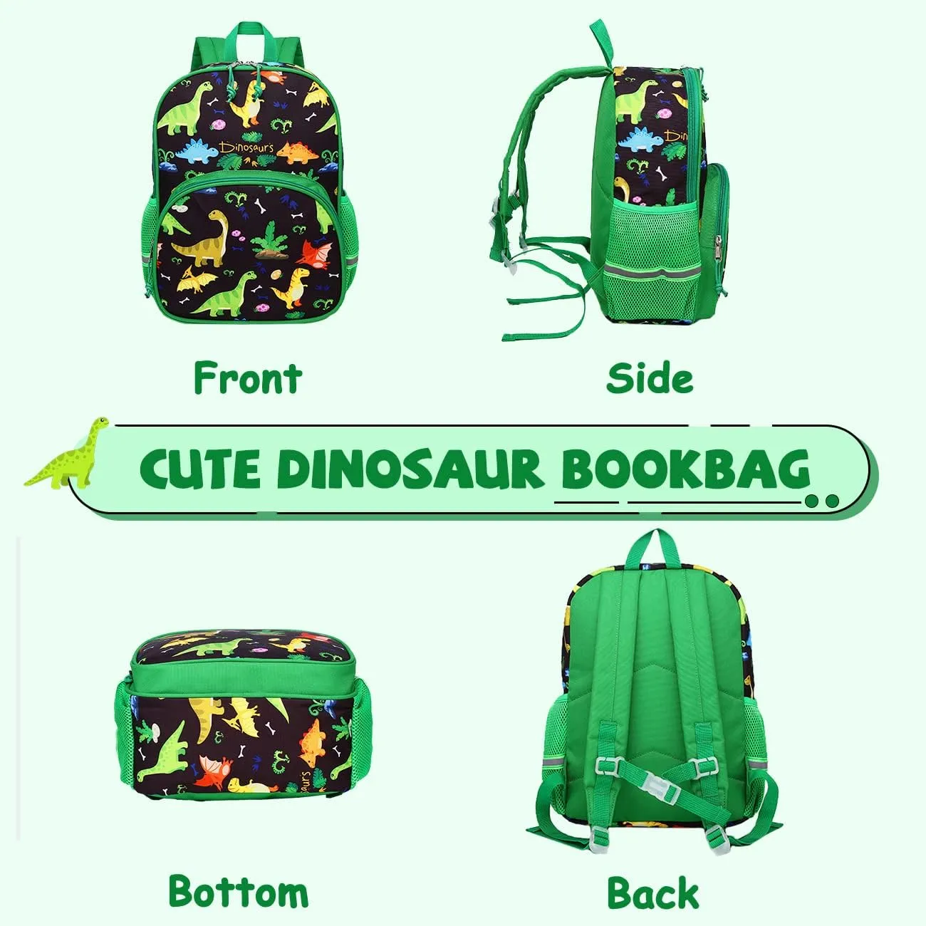 Kasqo Toddler Backpack, Water Resistant Preschool Kids Bookbag Kindergarten Daycare Schoolbag for Boys and Girls 3-6 Years,Black Dinosaur