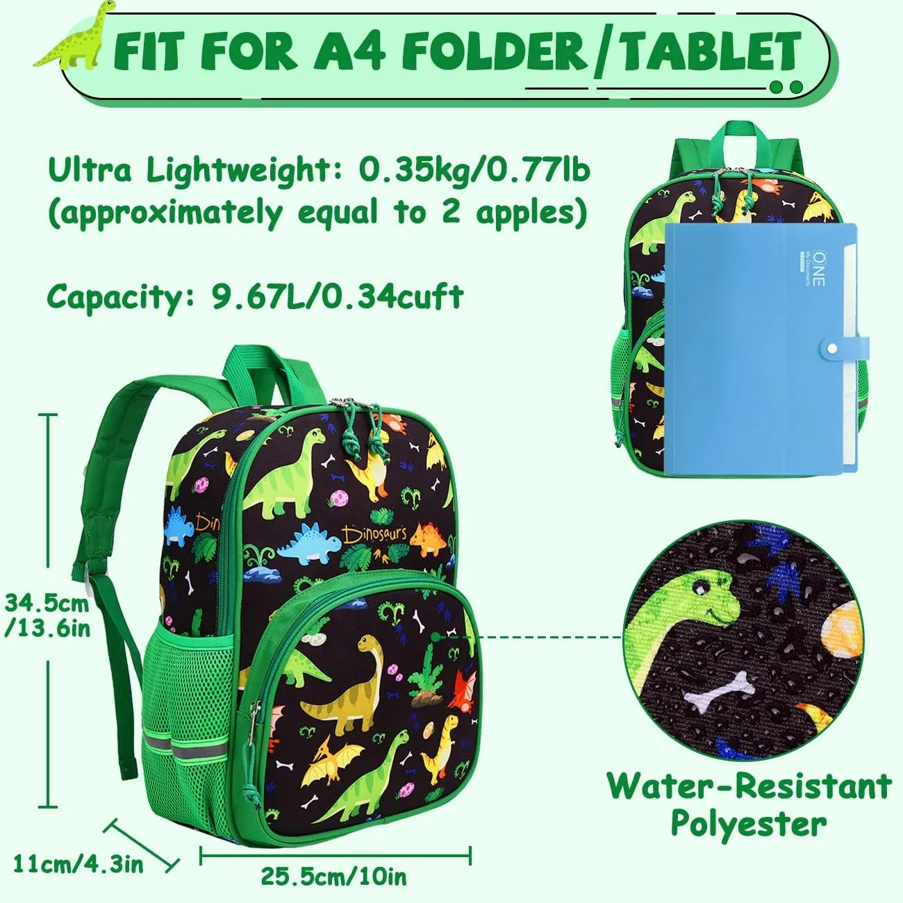 Kasqo Toddler Backpack, Water Resistant Preschool Kids Bookbag Kindergarten Daycare Schoolbag for Boys and Girls 3-6 Years,Black Dinosaur