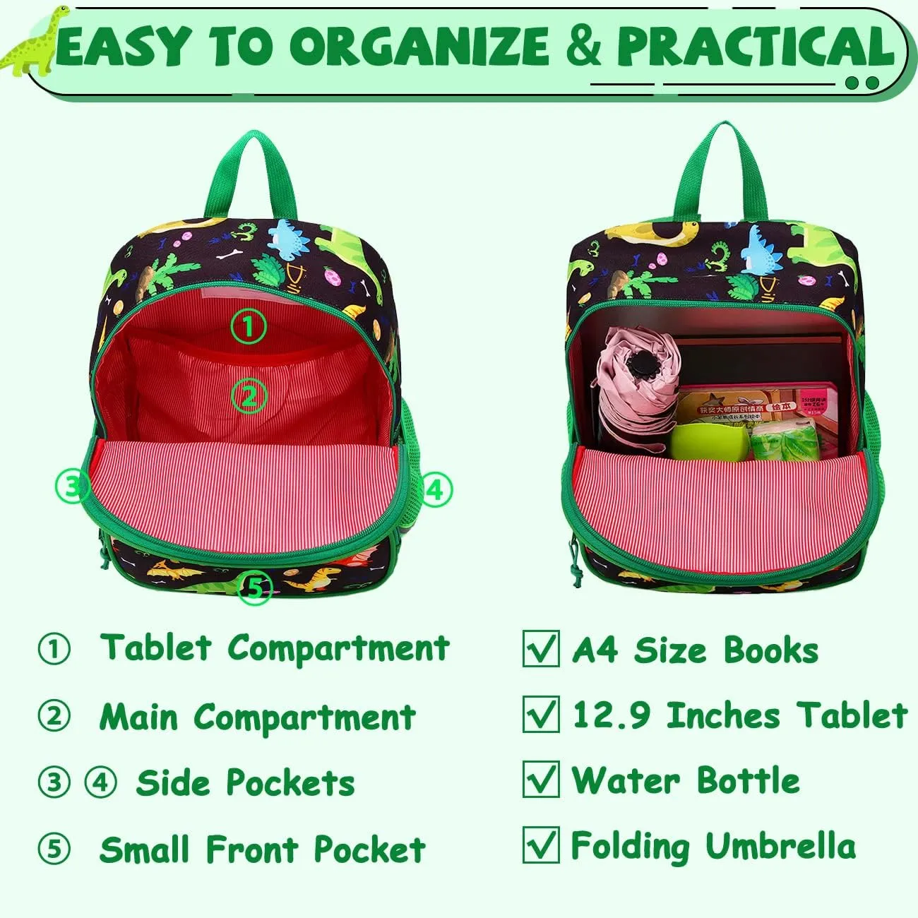 Kasqo Toddler Backpack, Water Resistant Preschool Kids Bookbag Kindergarten Daycare Schoolbag for Boys and Girls 3-6 Years,Black Dinosaur