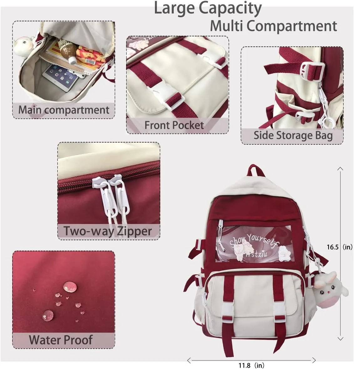 Kawaii backpack student schoolbag large-capacity tooling style backpack stitching cute girl campus backpack(Red)