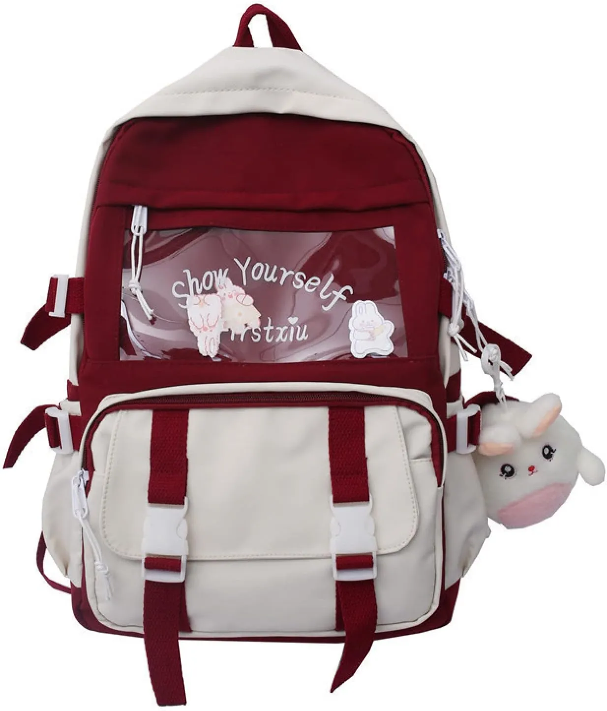 Kawaii backpack student schoolbag large-capacity tooling style backpack stitching cute girl campus backpack(Red)