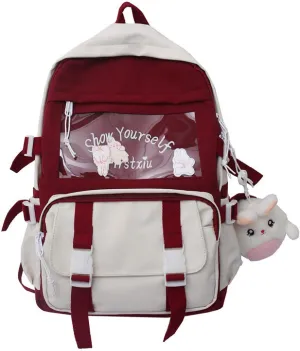 Kawaii backpack student schoolbag large-capacity tooling style backpack stitching cute girl campus backpack(Red)