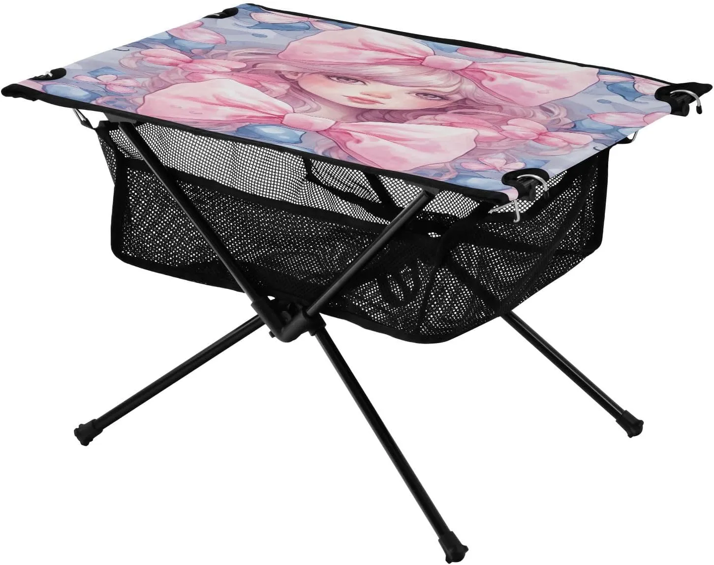 Kawaii Bows Pattern Portable Folding Camping Table, Compact Lightweight Beach Table with Carrying Bag for Outdoor Picnics, BBQs, Camp