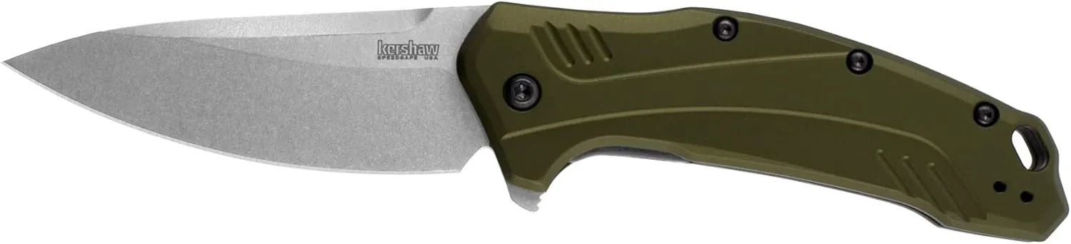 Kershaw Link Drop Point Knife Olive Aluminum (3.25" Stonewash 20CV) 1776OLSW