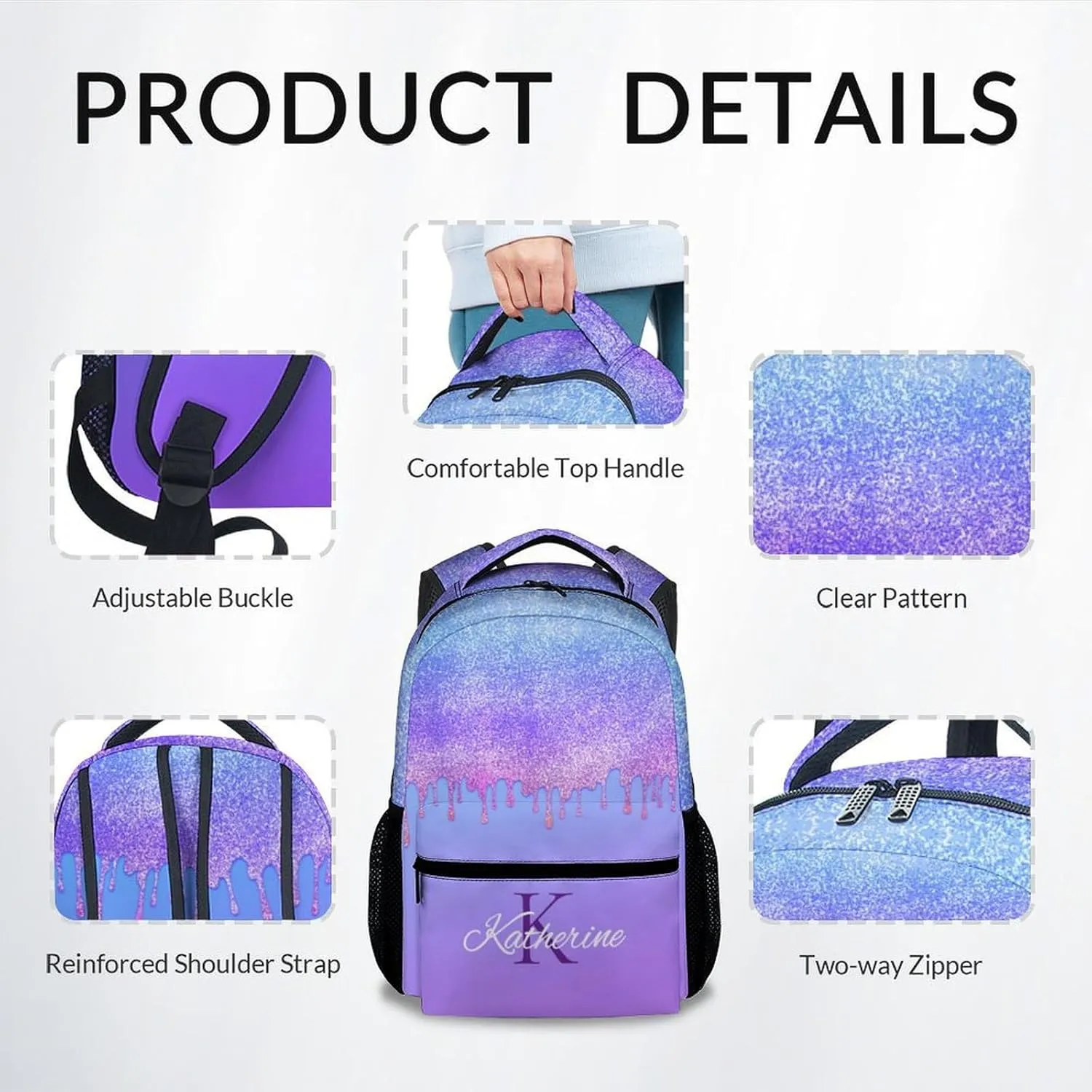Kid Backpack for Girls - Personalized Initials Bookbag - Lightweight Durable Large Capacity - 17 Inch Purple Dripping Bookbag for College, Travel and Camp