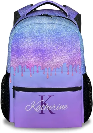 Kid Backpack for Girls - Personalized Initials Bookbag - Lightweight Durable Large Capacity - 17 Inch Purple Dripping Bookbag for College, Travel and Camp