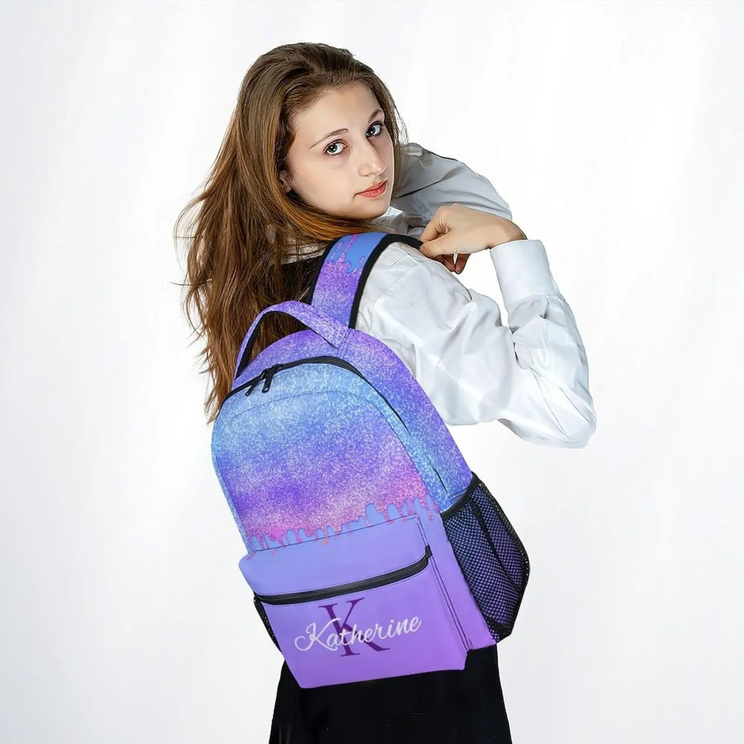 Kid Backpack for Girls - Personalized Initials Bookbag - Lightweight Durable Large Capacity - 17 Inch Purple Dripping Bookbag for College, Travel and Camp