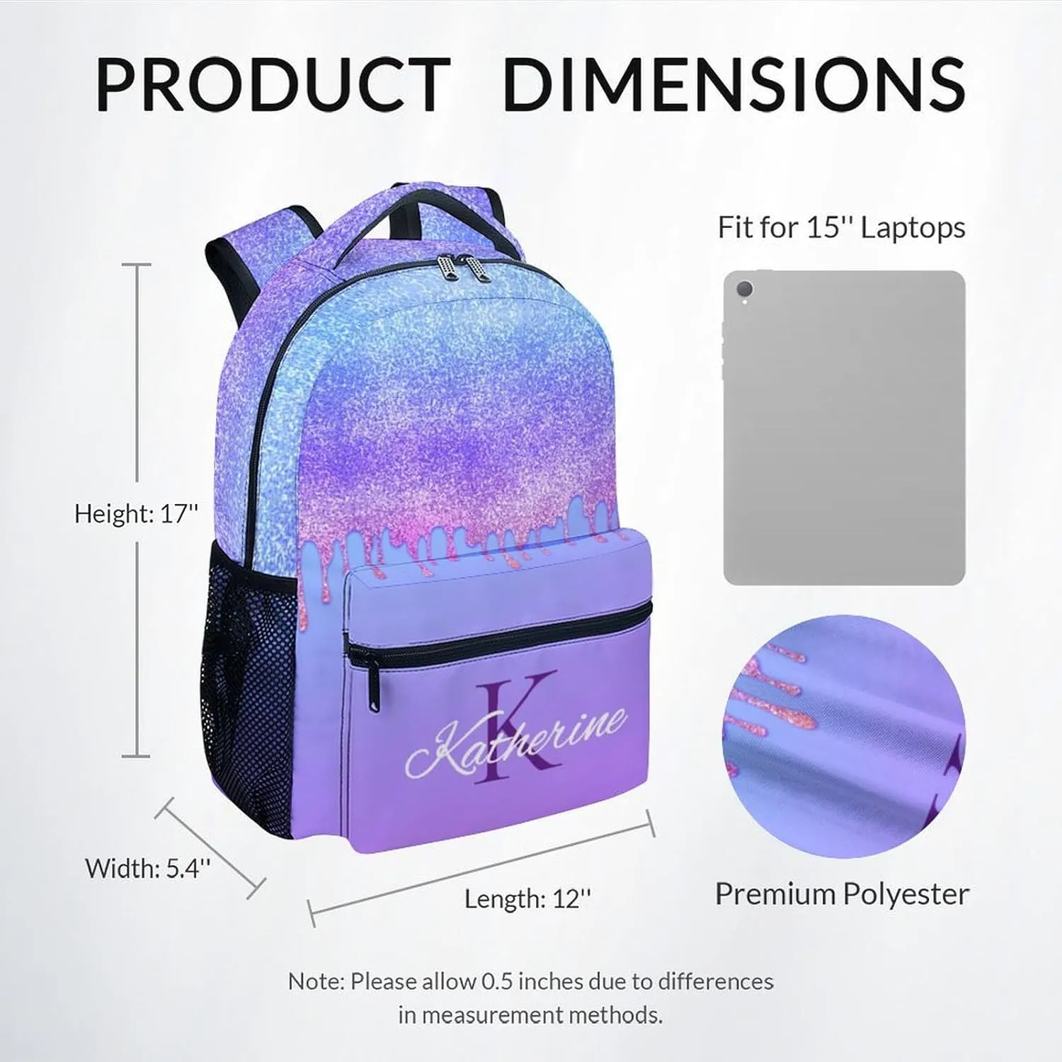 Kid Backpack for Girls - Personalized Initials Bookbag - Lightweight Durable Large Capacity - 17 Inch Purple Dripping Bookbag for College, Travel and Camp