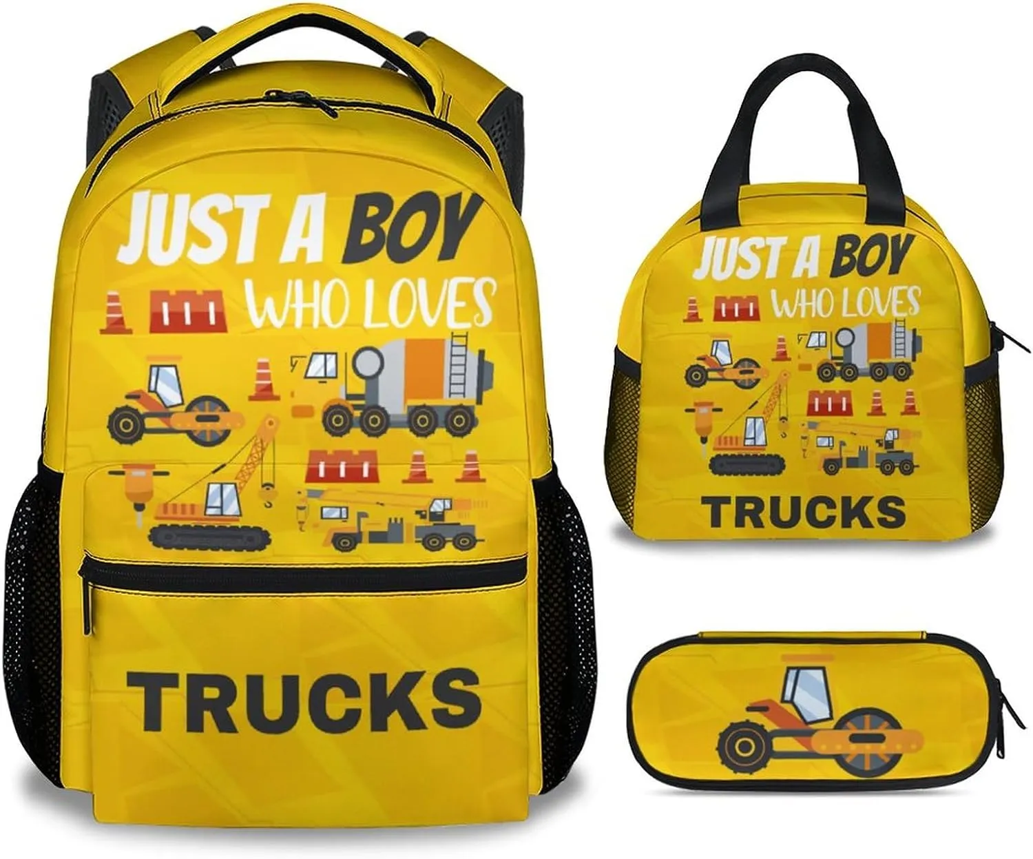 Kid Backpack with Lunch Bag Set for Boys - 3 in 1 Primary Middle Truck School Backpacks Matching Combo - Large Capacity, Durable, Yellow Construction Bookbag and Pencil Case Bundle
