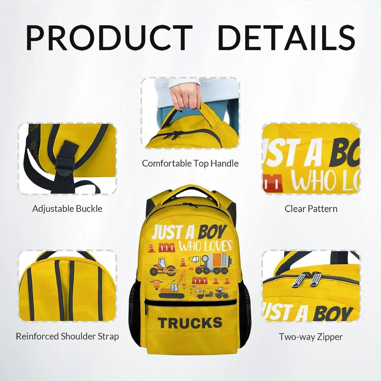 Kid Backpack with Lunch Bag Set for Boys - 3 in 1 Primary Middle Truck School Backpacks Matching Combo - Large Capacity, Durable, Yellow Construction Bookbag and Pencil Case Bundle