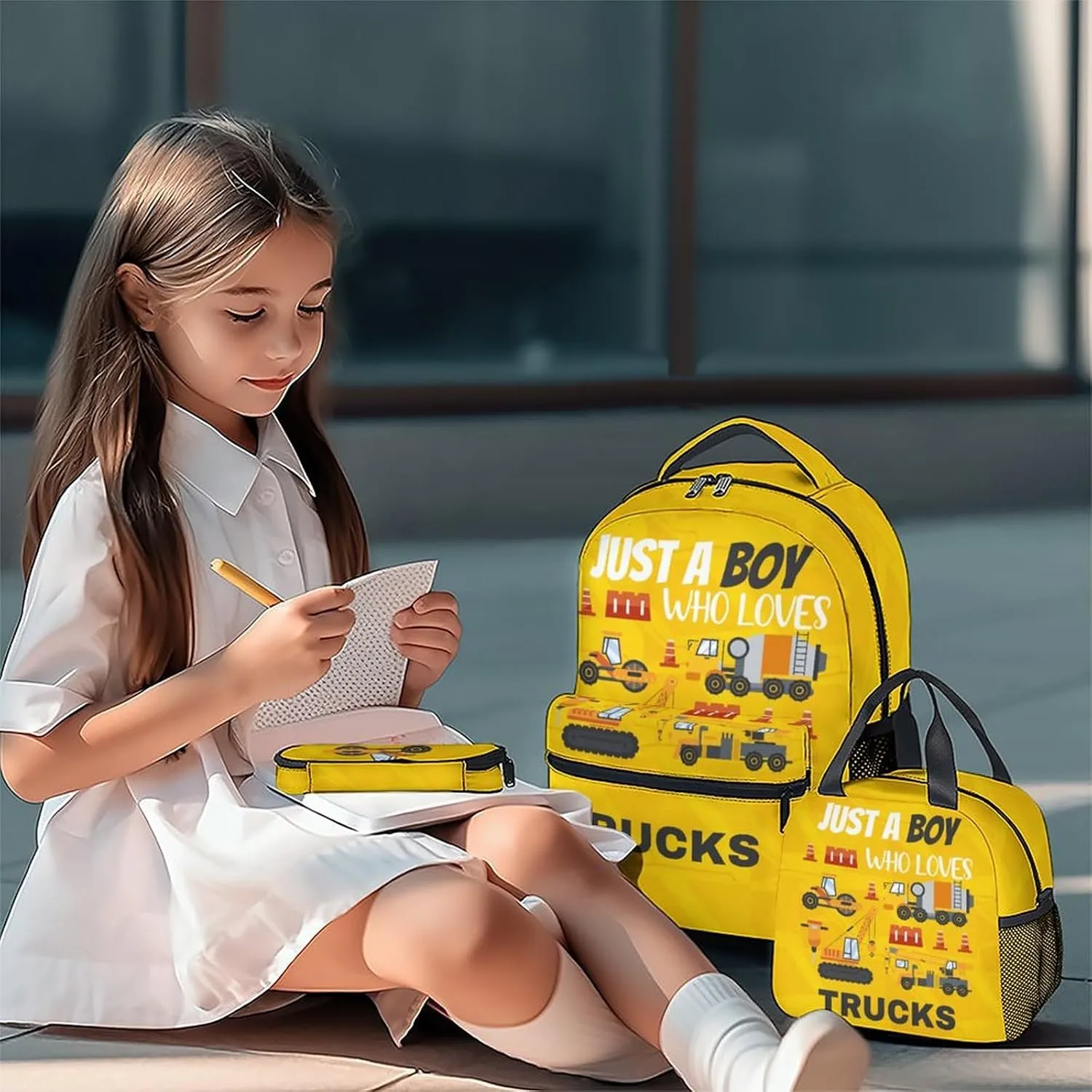 Kid Backpack with Lunch Bag Set for Boys - 3 in 1 Primary Middle Truck School Backpacks Matching Combo - Large Capacity, Durable, Yellow Construction Bookbag and Pencil Case Bundle