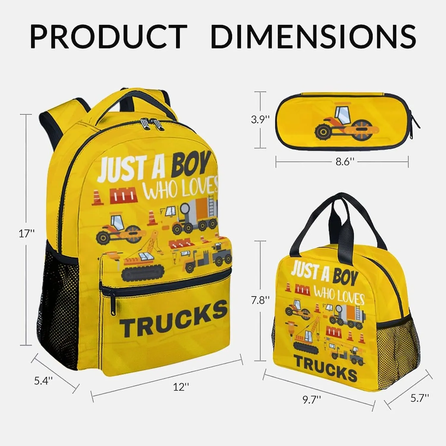 Kid Backpack with Lunch Bag Set for Boys - 3 in 1 Primary Middle Truck School Backpacks Matching Combo - Large Capacity, Durable, Yellow Construction Bookbag and Pencil Case Bundle