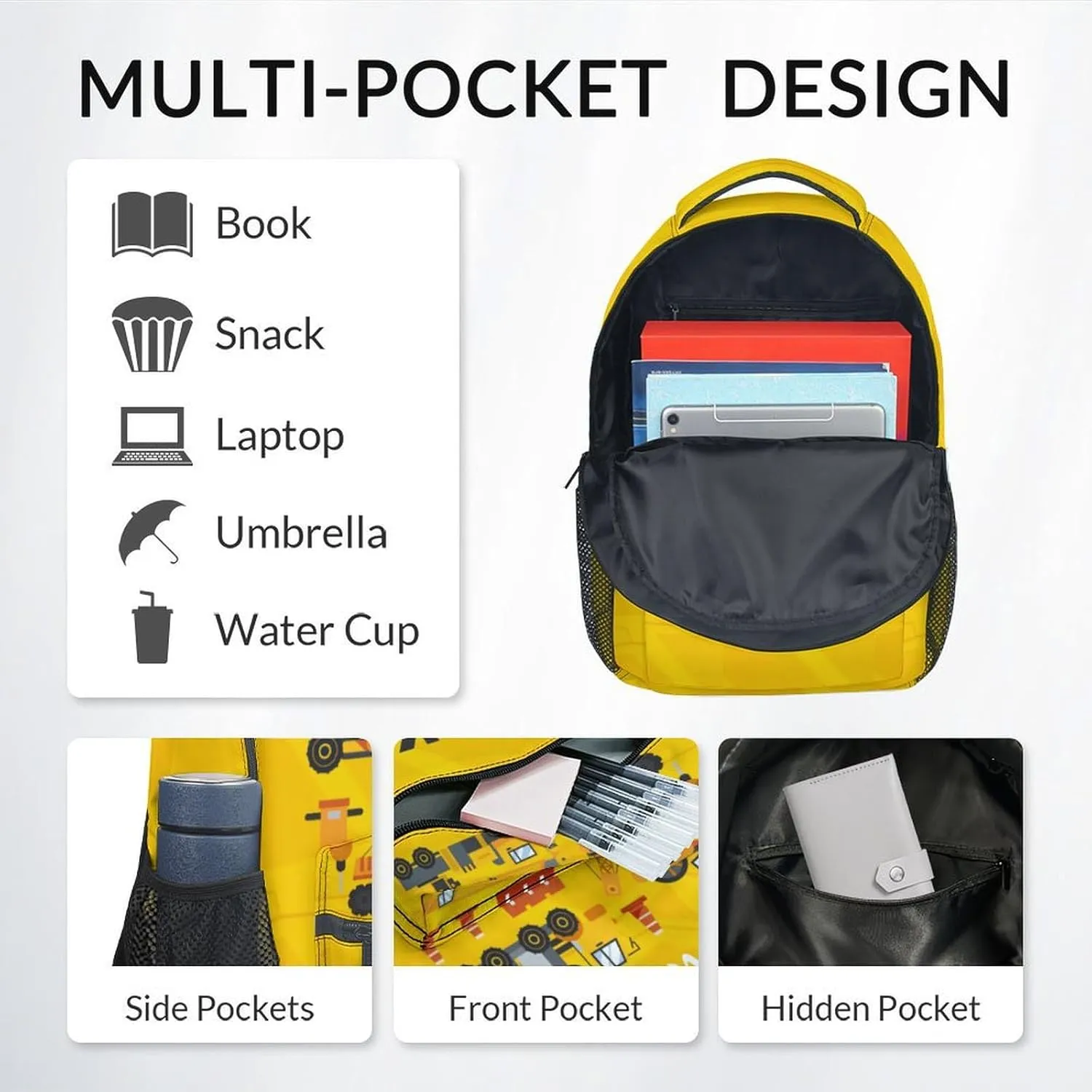 Kid Backpack with Lunch Bag Set for Boys - 3 in 1 Primary Middle Truck School Backpacks Matching Combo - Large Capacity, Durable, Yellow Construction Bookbag and Pencil Case Bundle