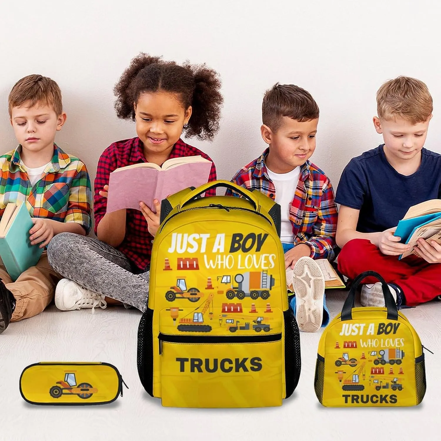 Kid Backpack with Lunch Bag Set for Boys - 3 in 1 Primary Middle Truck School Backpacks Matching Combo - Large Capacity, Durable, Yellow Construction Bookbag and Pencil Case Bundle