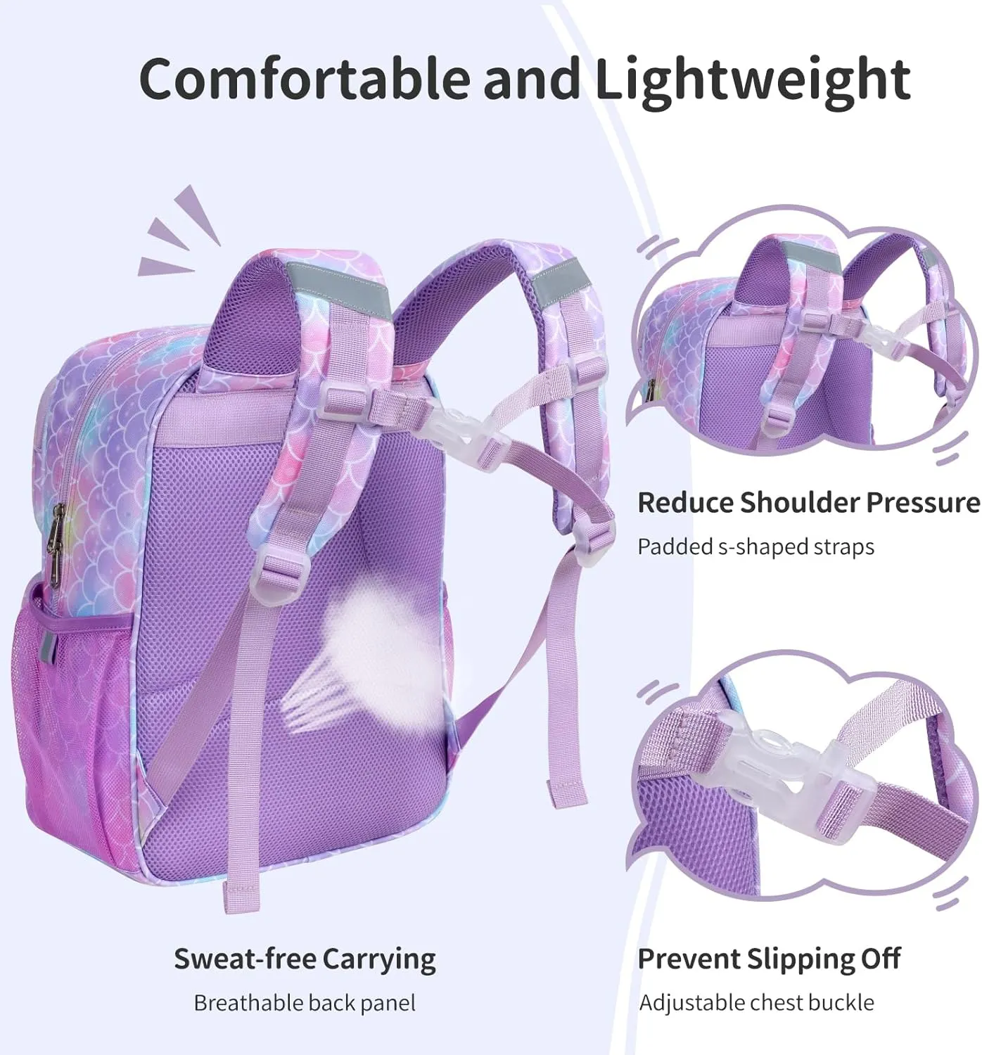 Kids Backpack for Girls - 15 Inch Mermaid Backpack for Kids 3 to 8, School Bookbag for Preschool Kindergarten Elementary 1st 2nd, with Insulated Pocket and Reflective Stripe, Purple Mermaid