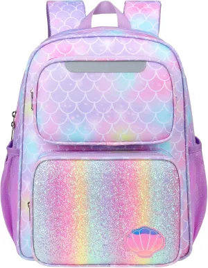 Kids Backpack for Girls - 15 Inch Mermaid Backpack for Kids 3 to 8, School Bookbag for Preschool Kindergarten Elementary 1st 2nd, with Insulated Pocket and Reflective Stripe, Purple Mermaid