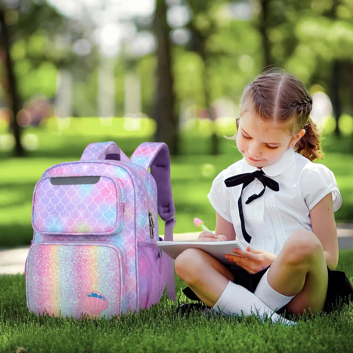 Kids Backpack for Girls - 15 Inch Mermaid Backpack for Kids 3 to 8, School Bookbag for Preschool Kindergarten Elementary 1st 2nd, with Insulated Pocket and Reflective Stripe, Purple Mermaid