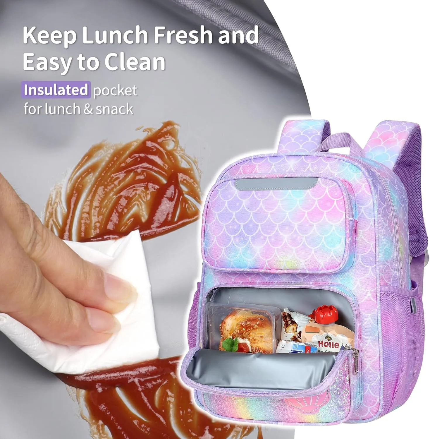 Kids Backpack for Girls - 15 Inch Mermaid Backpack for Kids 3 to 8, School Bookbag for Preschool Kindergarten Elementary 1st 2nd, with Insulated Pocket and Reflective Stripe, Purple Mermaid
