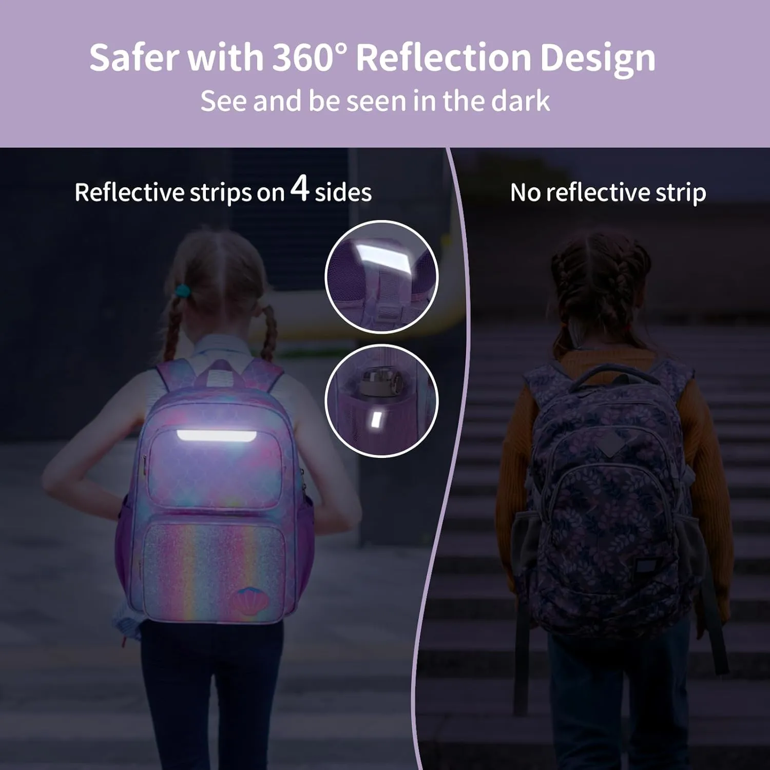 Kids Backpack for Girls - 15 Inch Mermaid Backpack for Kids 3 to 8, School Bookbag for Preschool Kindergarten Elementary 1st 2nd, with Insulated Pocket and Reflective Stripe, Purple Mermaid