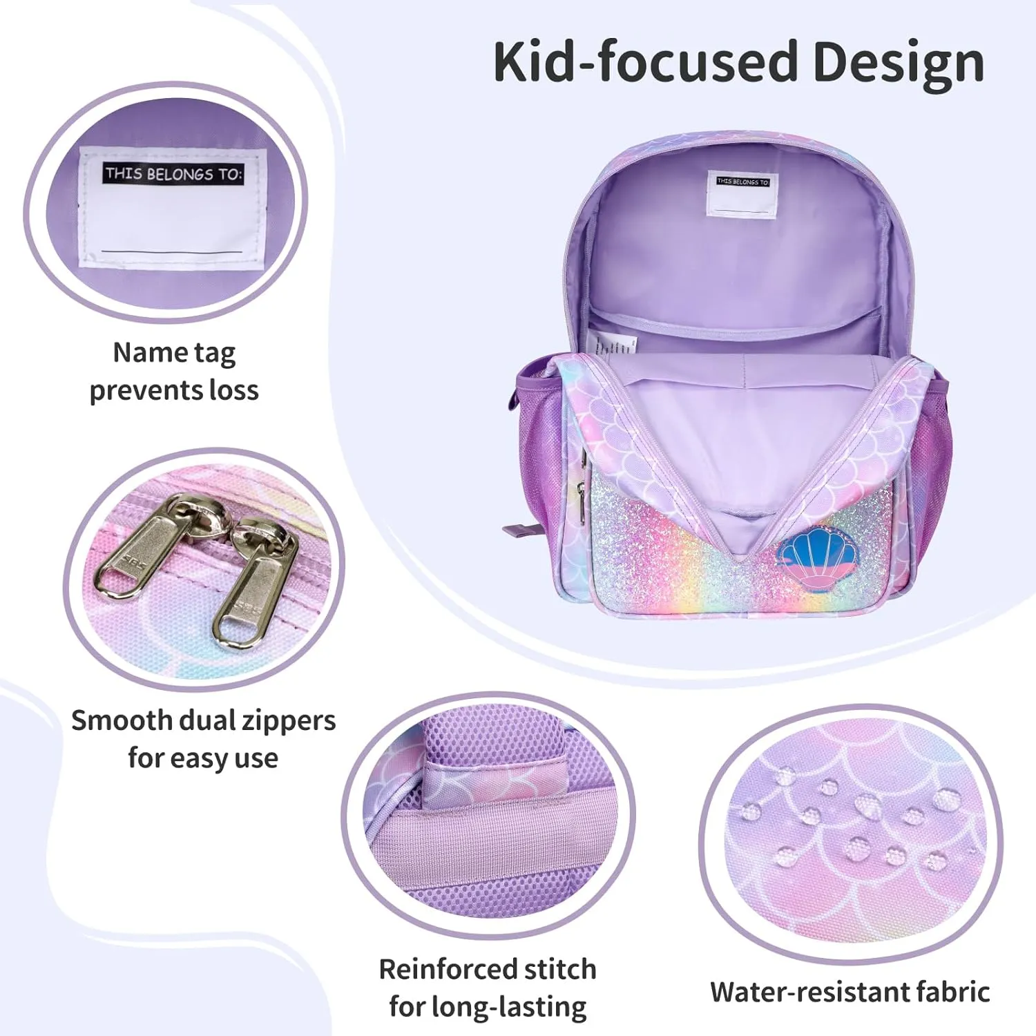 Kids Backpack for Girls - 15 Inch Mermaid Backpack for Kids 3 to 8, School Bookbag for Preschool Kindergarten Elementary 1st 2nd, with Insulated Pocket and Reflective Stripe, Purple Mermaid