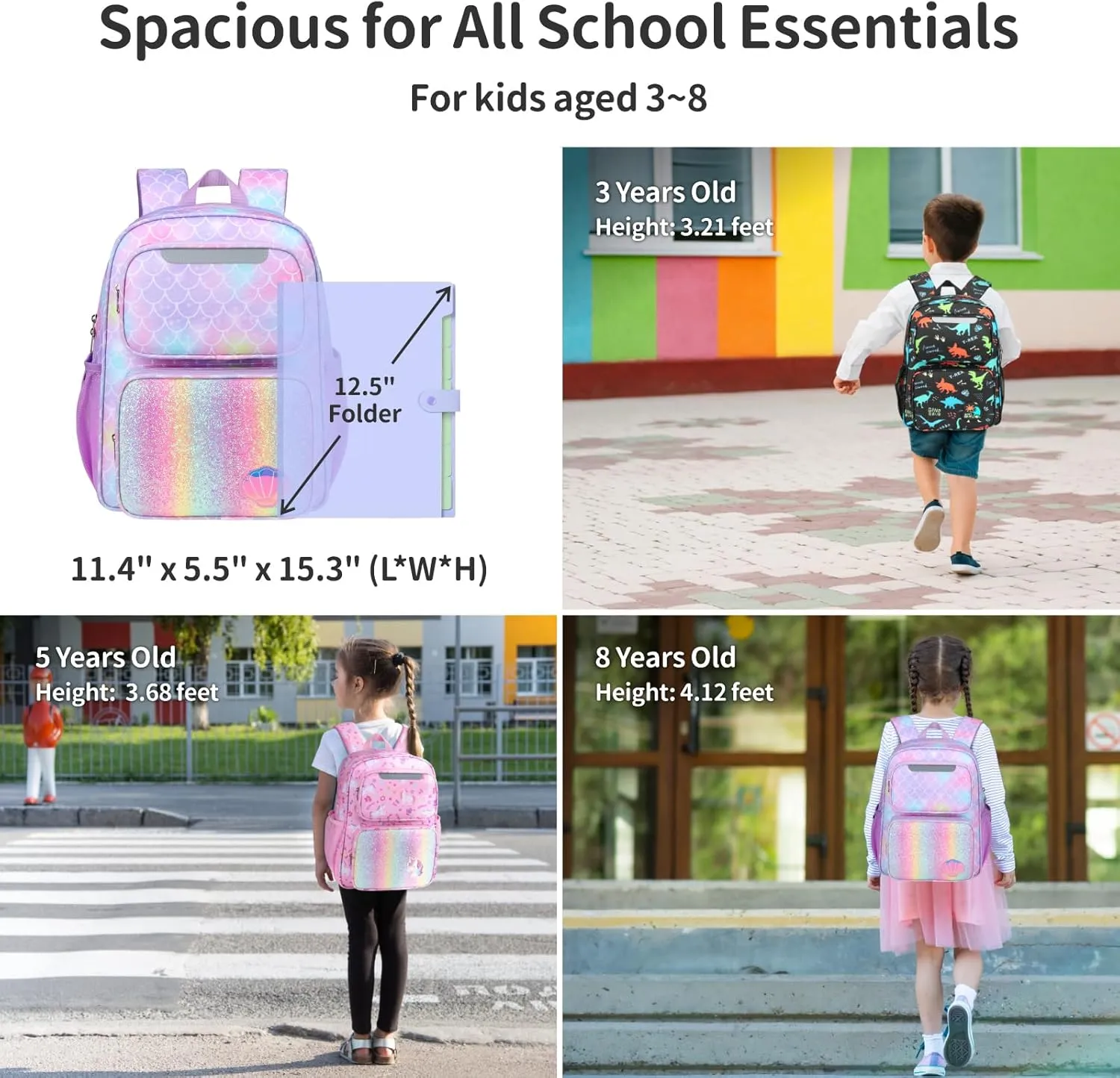 Kids Backpack for Girls - 15 Inch Mermaid Backpack for Kids 3 to 8, School Bookbag for Preschool Kindergarten Elementary 1st 2nd, with Insulated Pocket and Reflective Stripe, Purple Mermaid