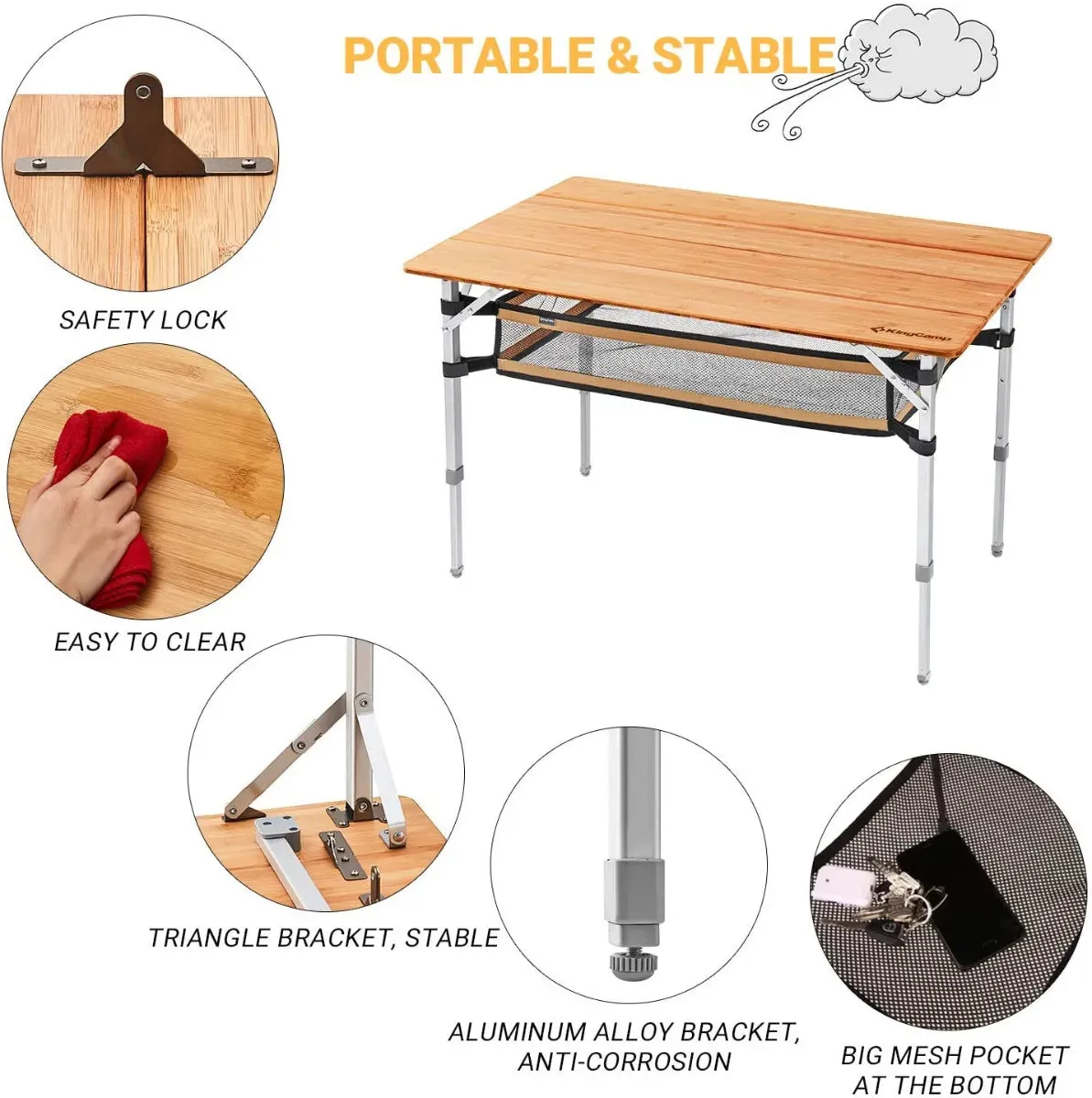 KingCamp BAMBOO 10065 PLUS 4-Folding Bamboo Table   Mesh For 4-5 Person