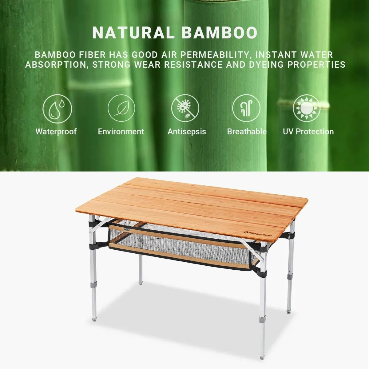 KingCamp BAMBOO 10065 PLUS 4-Folding Bamboo Table   Mesh For 4-5 Person