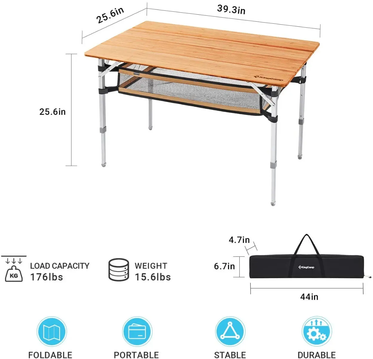 KingCamp BAMBOO 10065 PLUS 4-Folding Bamboo Table   Mesh For 4-5 Person