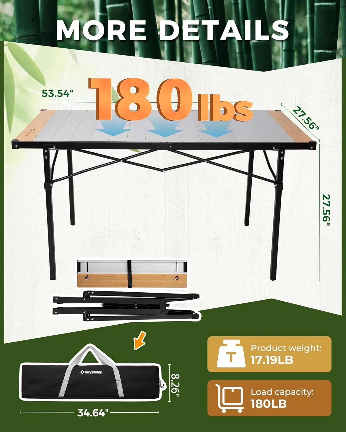KingCamp Folding Camping Table, Portable Camp Table Foldable Bamboo Aluminum Roll Up Seamless Desktop with Tall Legs & Carry Bag for Outdoor Backyard Picnic Tailgating Beach