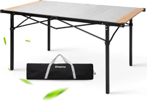 KingCamp Folding Camping Table, Portable Camp Table Foldable Bamboo Aluminum Roll Up Seamless Desktop with Tall Legs & Carry Bag for Outdoor Backyard Picnic Tailgating Beach