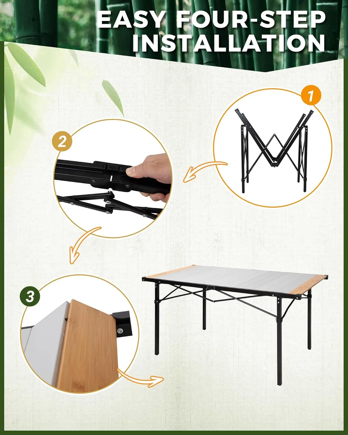 KingCamp Folding Camping Table, Portable Camp Table Foldable Bamboo Aluminum Roll Up Seamless Desktop with Tall Legs & Carry Bag for Outdoor Backyard Picnic Tailgating Beach