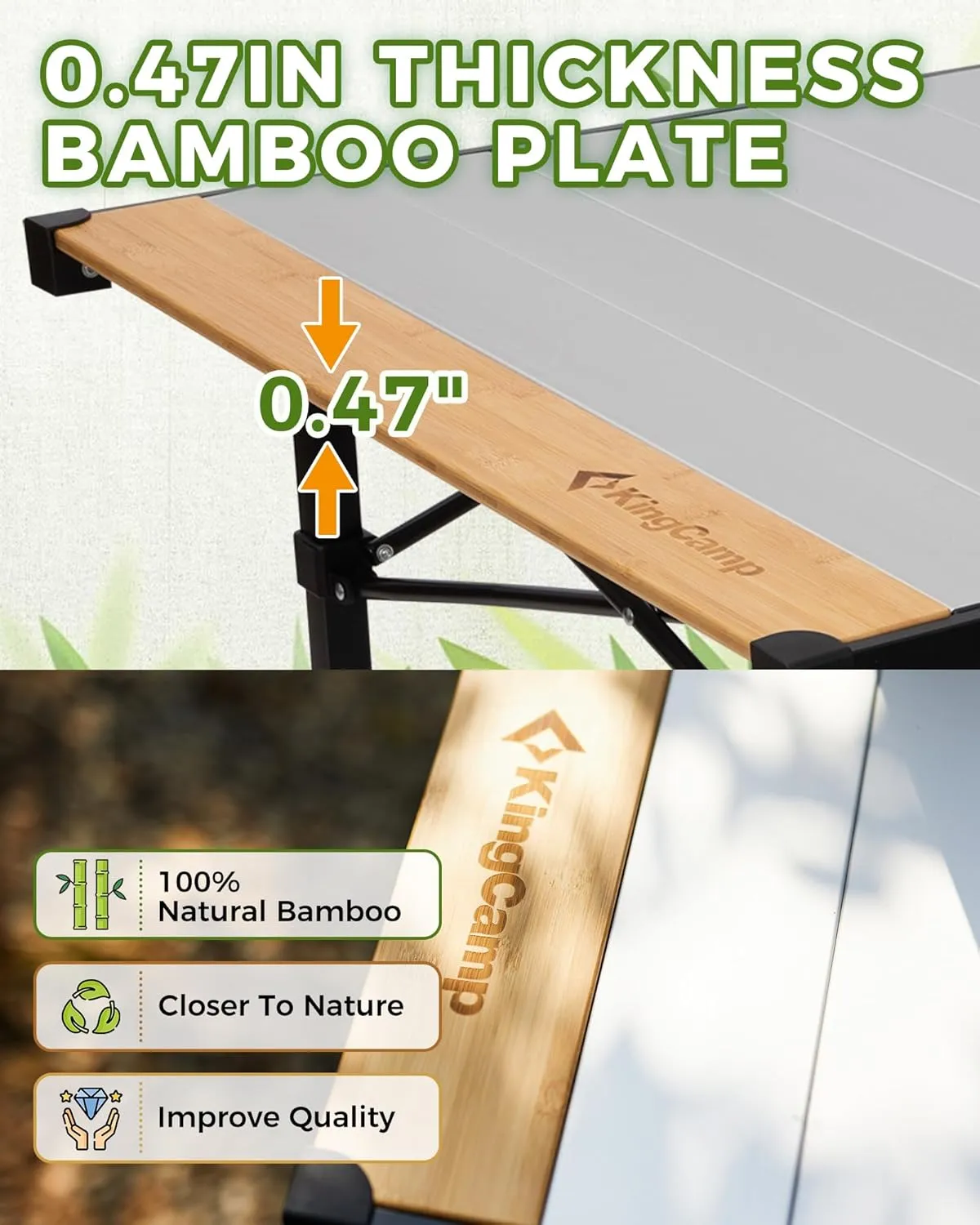 KingCamp Folding Camping Table, Portable Camp Table Foldable Bamboo Aluminum Roll Up Seamless Desktop with Tall Legs & Carry Bag for Outdoor Backyard Picnic Tailgating Beach