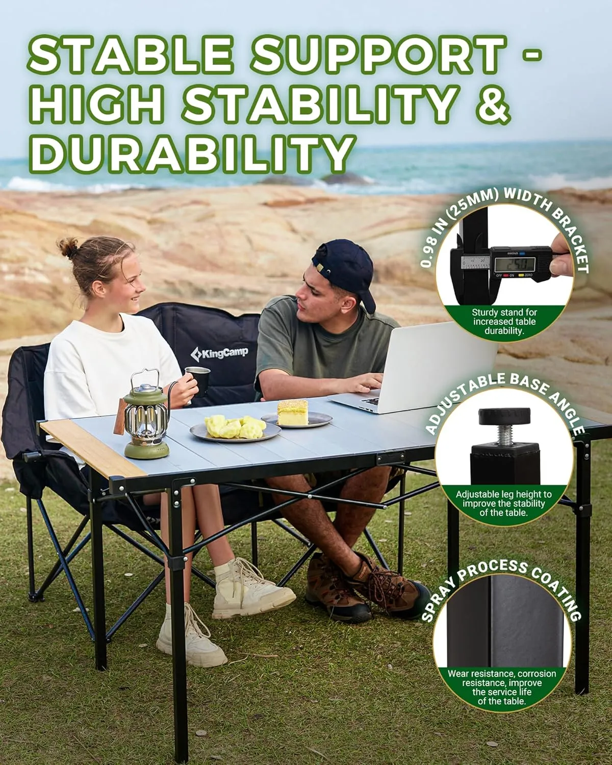 KingCamp Folding Camping Table, Portable Camp Table Foldable Bamboo Aluminum Roll Up Seamless Desktop with Tall Legs & Carry Bag for Outdoor Backyard Picnic Tailgating Beach