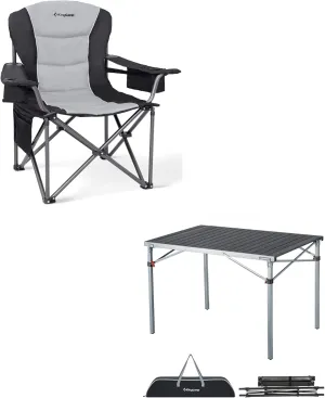 KingCamp Oversized Camping Folding Chair, Heavy Duty 450 LBS with Folding Camping Table, Aluminum Roll-Up Camp Table for 6-8 Person